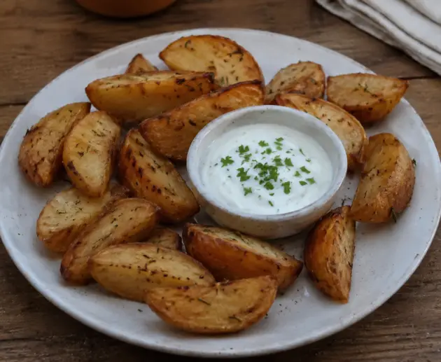 Papas rústicas al romero crujientes y doradas con dip cremoso de yogur y limón espolvoreado con perejil, servidas en plato de cerámica sobre mesa de madera.