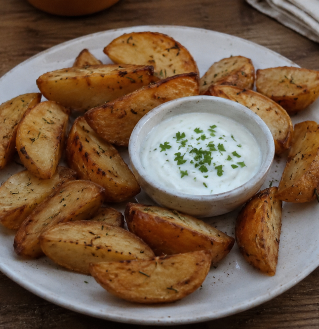 Papas rústicas al romero crujientes y doradas con dip cremoso de yogur y limón espolvoreado con perejil, servidas en plato de cerámica sobre mesa de madera.