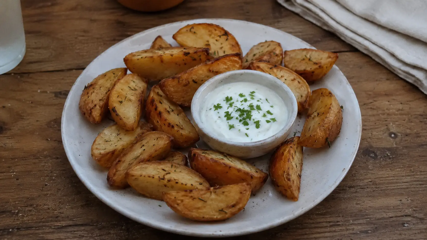 Papas rústicas al romero crujientes y doradas con dip cremoso de yogur y limón espolvoreado con perejil, servidas en plato de cerámica sobre mesa de madera.