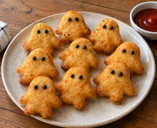 Bocaditos de papa y queso con forma de fantasma dorados y crujientes para Halloween