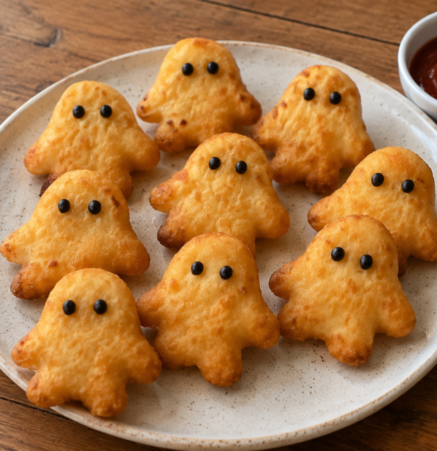 Bocaditos de papa y queso con forma de fantasma dorados y crujientes para Halloween