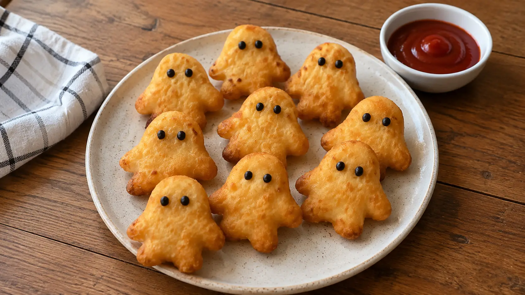Bocaditos de papa y queso con forma de fantasma dorados y crujientes para Halloween