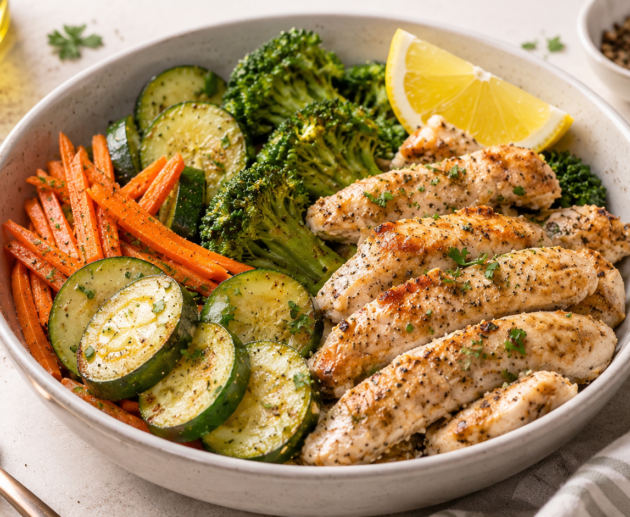 Bowl tibio de pollo a la sartén con brócoli, calabacita y zanahoria, terminado con limón: receta saludable, fácil y alta en proteína.