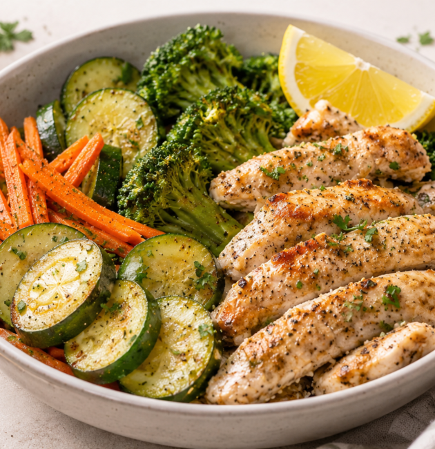 Bowl tibio de pollo a la sartén con brócoli, calabacita y zanahoria, terminado con limón: receta saludable, fácil y alta en proteína.