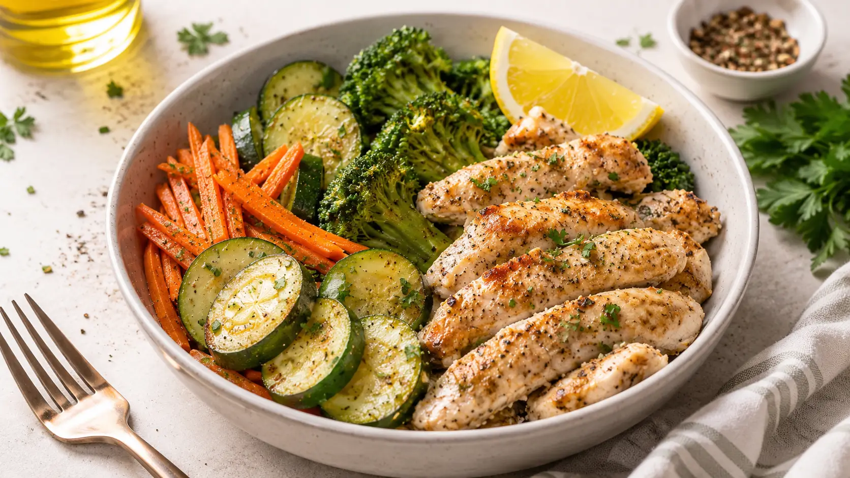 Bowl tibio de pollo a la sartén con brócoli, calabacita y zanahoria, terminado con limón: receta saludable, fácil y alta en proteína.