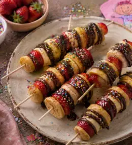 Brochetas de Hot Cakes con Fruta y Chocolate para el Día del Niño