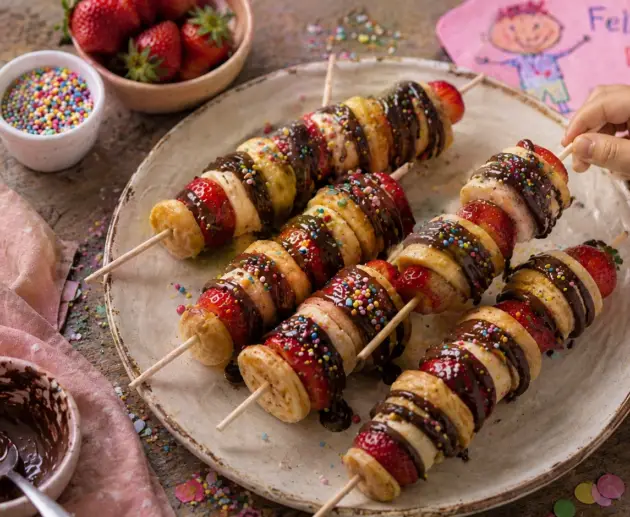 Brochetas de mini hot cakes con fresas, plátano y chocolate para el Día del Niño