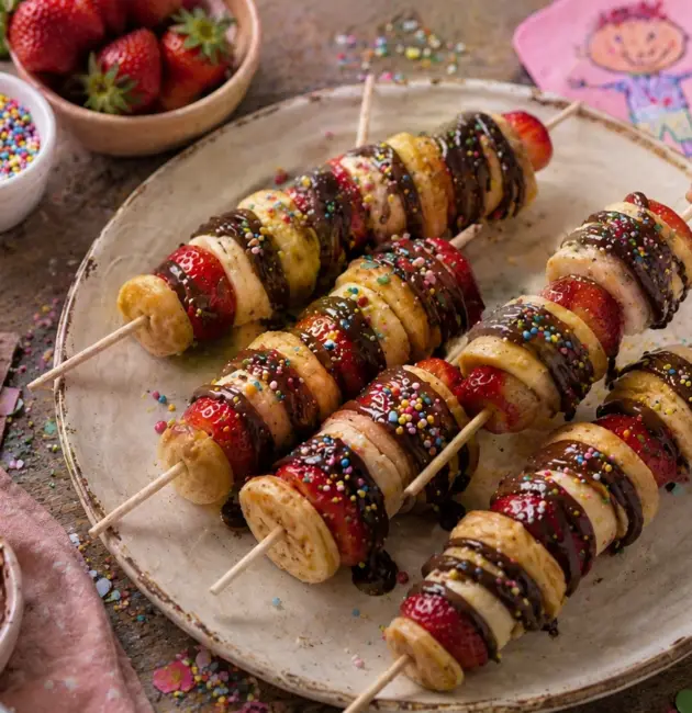 Brochetas de mini hot cakes con fresas, plátano y chocolate para el Día del Niño
