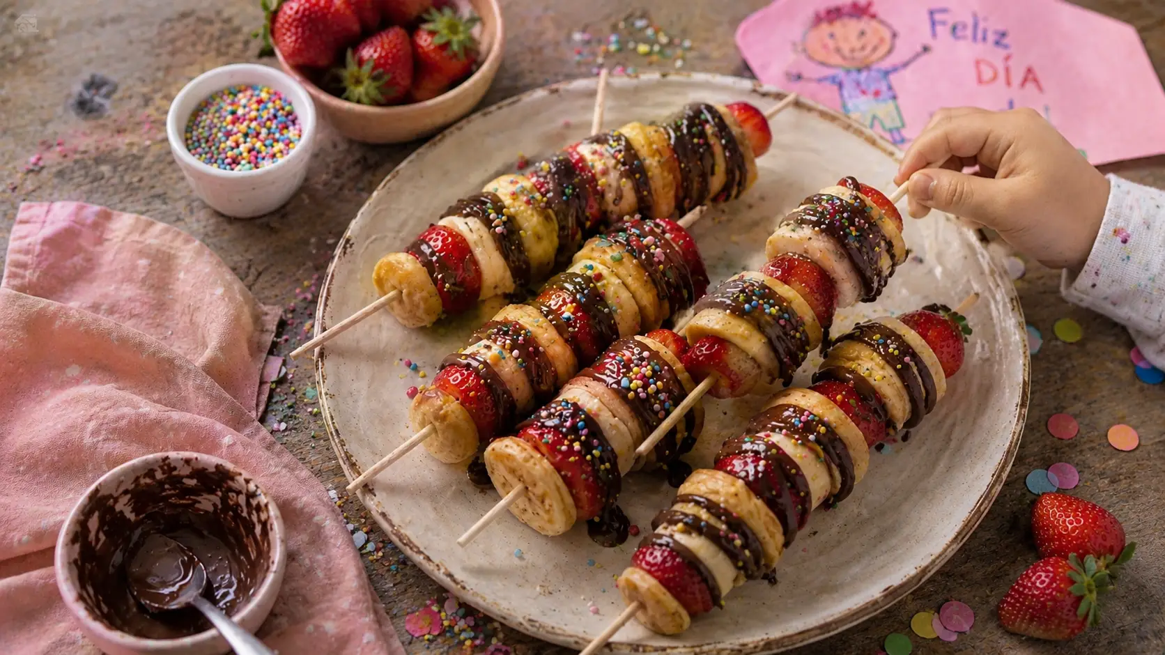 Brochetas de mini hot cakes con fresas, plátano y chocolate para el Día del Niño