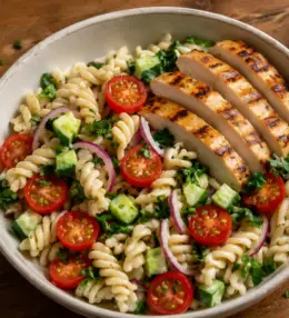 Ensalada de Pasta con Pollo a la Parrilla y Aderezo de Yogur