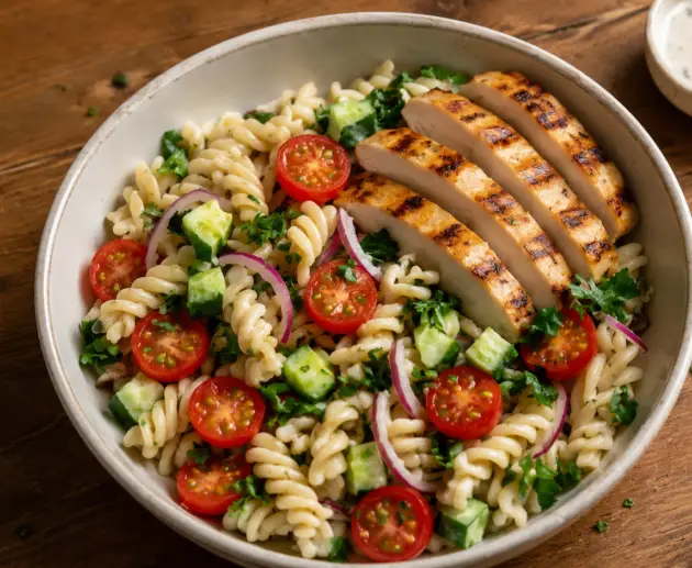 Bowl de ensalada de pasta fusilli con pollo a la parrilla, tomates cherry, pepino y cebolla morada