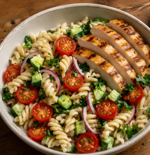 Bowl de ensalada de pasta fusilli con pollo a la parrilla, tomates cherry, pepino y cebolla morada