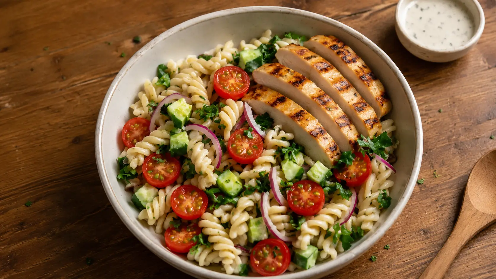 Bowl de ensalada de pasta fusilli con pollo a la parrilla, tomates cherry, pepino y cebolla morada