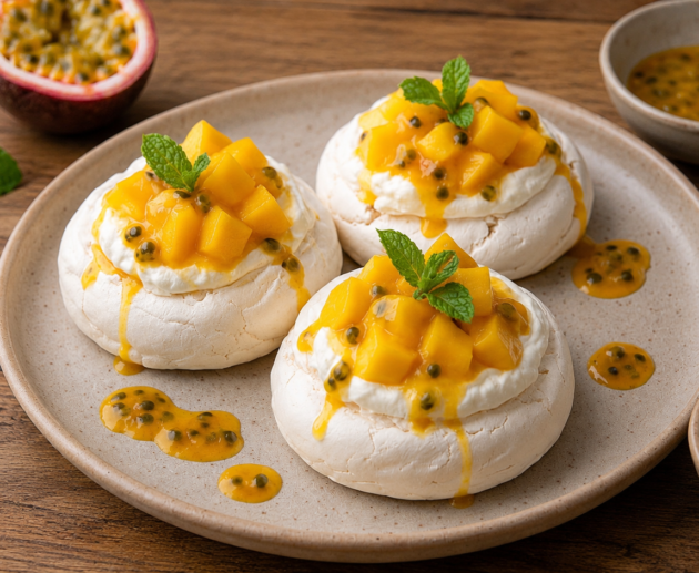 Mini pavlovas de merengue con crema batida, mango y maracuyá decoradas con menta fresca