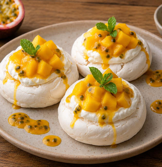 Mini pavlovas de merengue con crema batida, mango y maracuyá decoradas con menta fresca