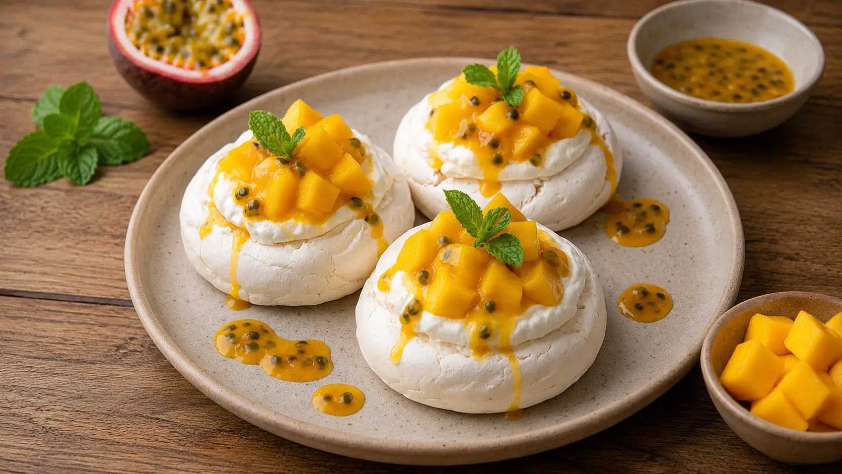 Mini pavlovas de merengue con crema batida, mango y maracuyá decoradas con menta fresca