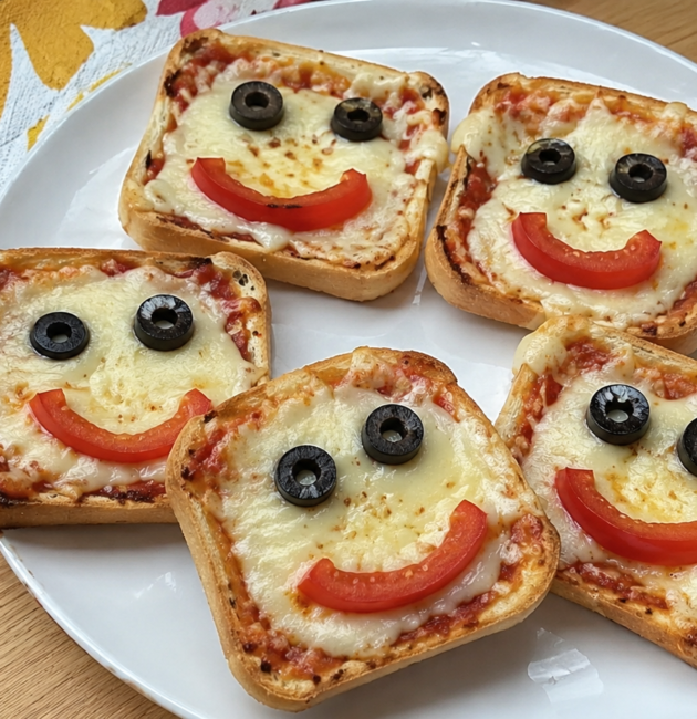 Mini pizzas de pan de caja con queso derretido y caritas sonrientes de aceitunas y jitomate