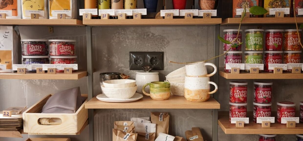 Despensa de cocina organizada con frascos y alimentos ordenados