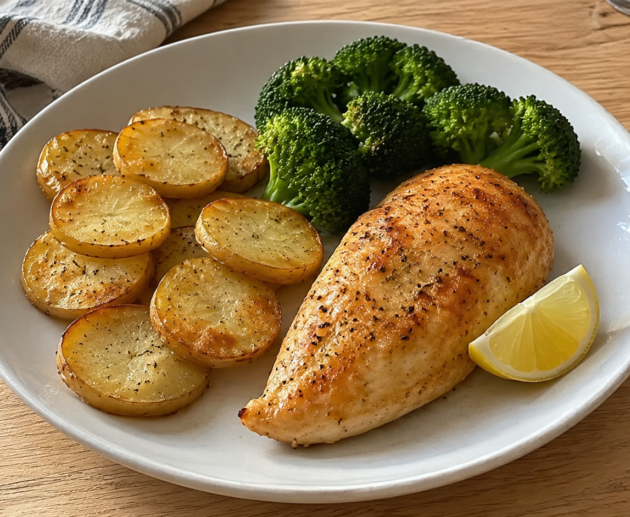 Pechuga de pollo dorada al horno con rodajas de papa crujientes, brócoli y limón