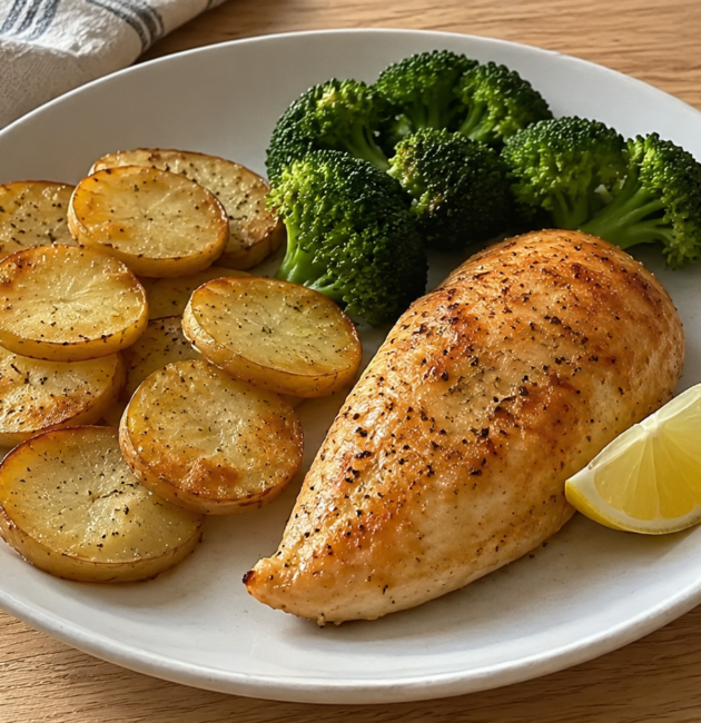 Pechuga de pollo dorada al horno con rodajas de papa crujientes, brócoli y limón