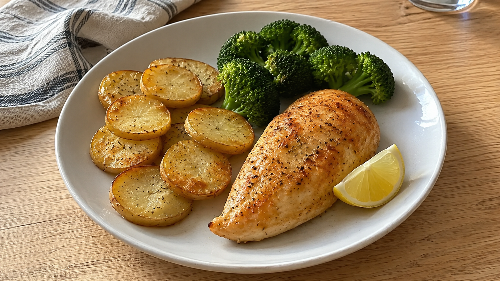 Pechuga de pollo dorada al horno con rodajas de papa crujientes, brócoli y limón