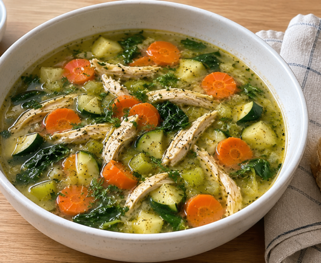 Bowl de sopa de pollo deshebrado con zanahoria, calabacita, kale y caldo dorado