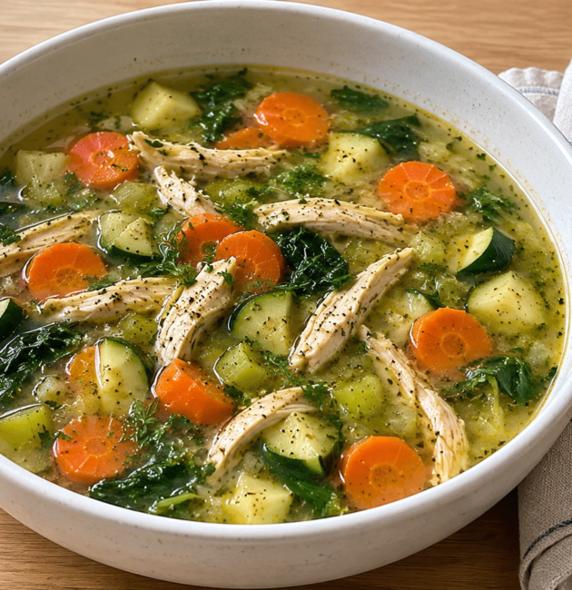 Bowl de sopa de pollo deshebrado con zanahoria, calabacita, kale y caldo dorado