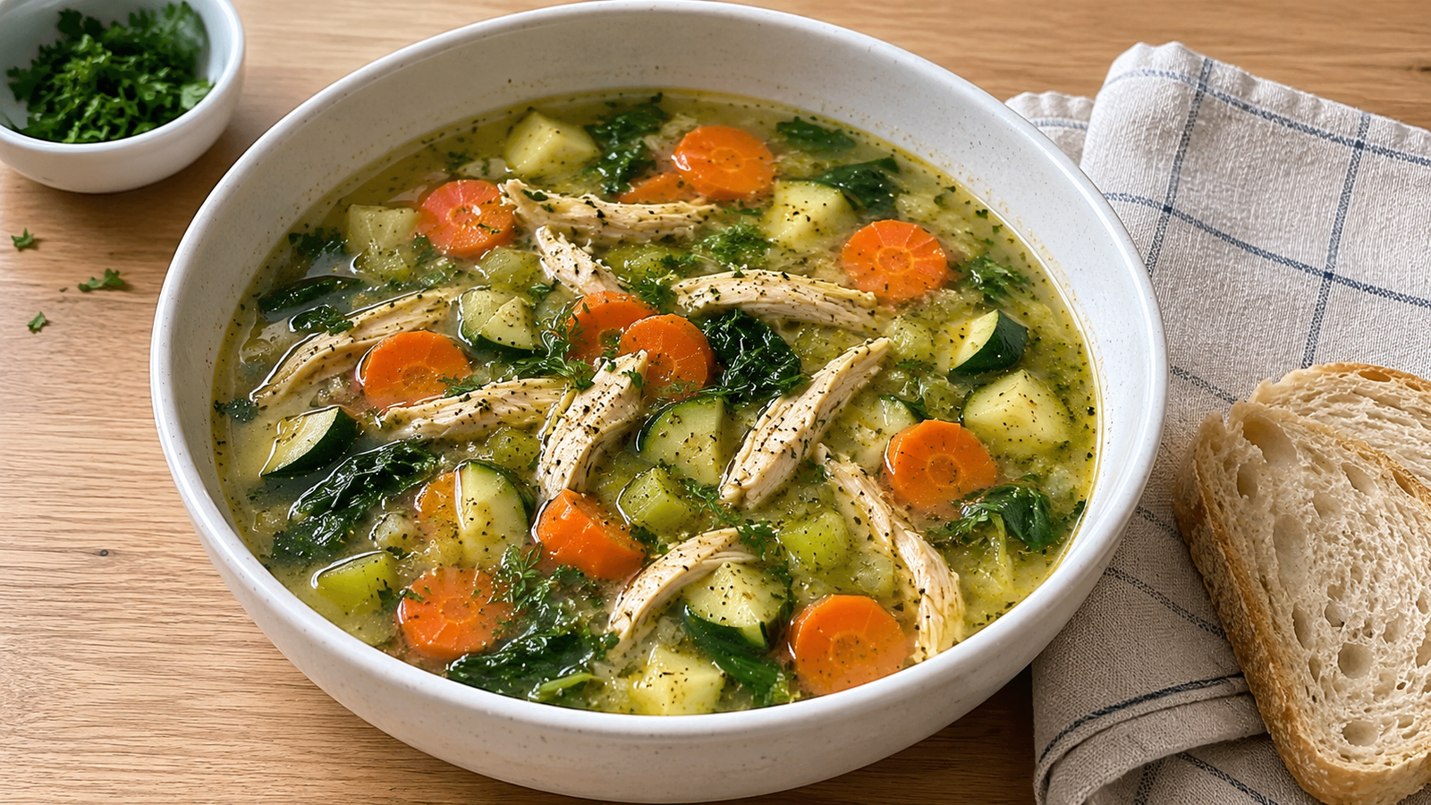 Bowl de sopa de pollo deshebrado con zanahoria, calabacita, kale y caldo dorado