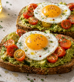 Tostadas Integrales de Aguacate con Huevo y Tomate Cherry