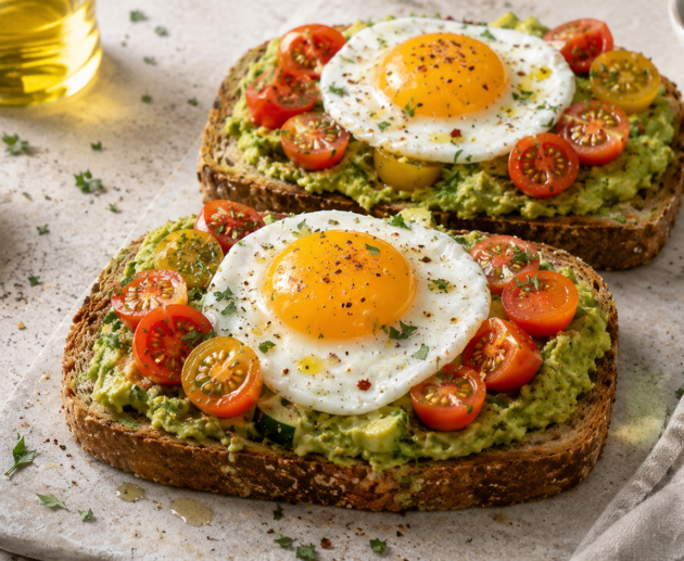 Tostadas integrales de aguacate con huevo estrellado y tomates cherry sobre superficie de mármol