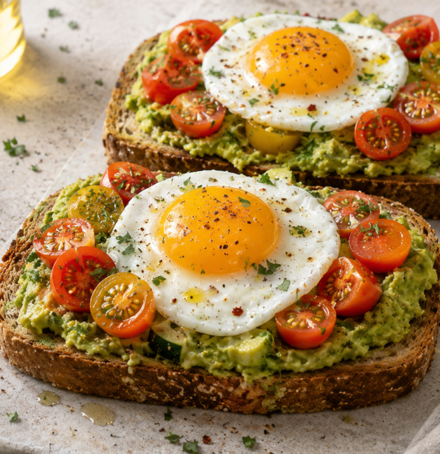Tostadas integrales de aguacate con huevo estrellado y tomates cherry sobre superficie de mármol