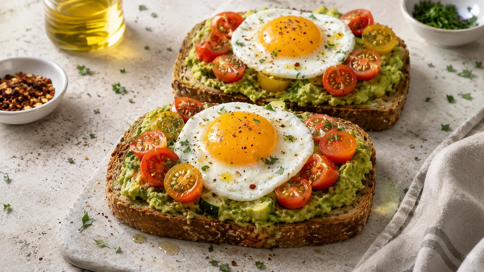 Tostadas integrales de aguacate con huevo estrellado y tomates cherry sobre superficie de mármol