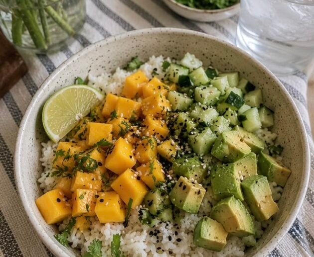 Bowl fresco de arroz con cubos de mango, aguacate y pepino, ajonjolí y cilantro, con una rodaja de limón