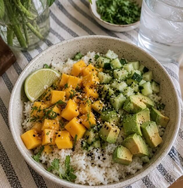 Bowl fresco de arroz con cubos de mango, aguacate y pepino, ajonjolí y cilantro, con una rodaja de limón