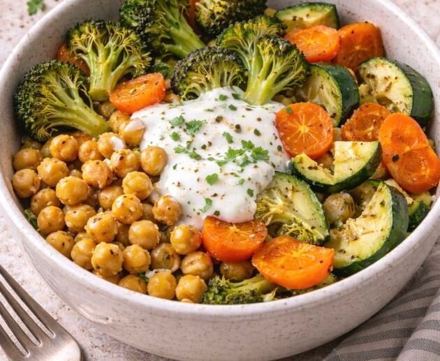 Bowl tibio de brócoli, zanahoria y calabacita asadas con garbanzos, coronado con una cucharada de yogur de limón