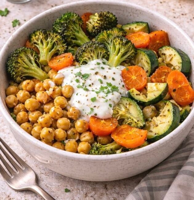 Bowl tibio de brócoli, zanahoria y calabacita asadas con garbanzos, coronado con una cucharada de yogur de limón