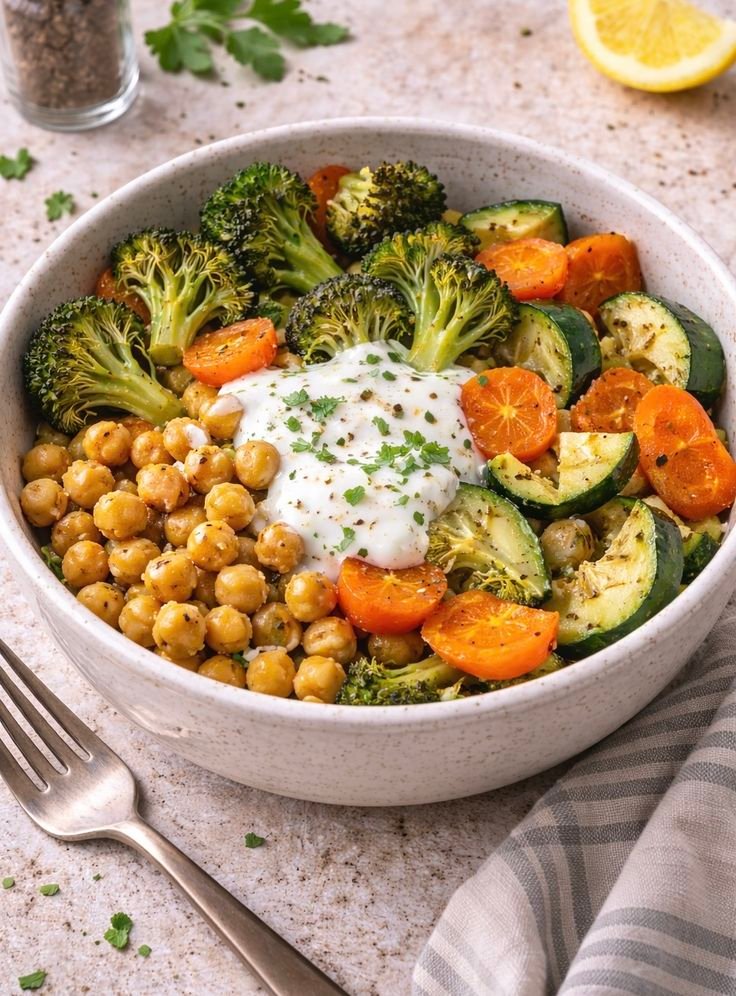Bowl tibio de brócoli, zanahoria y calabacita asadas con garbanzos, coronado con una cucharada de yogur de limón