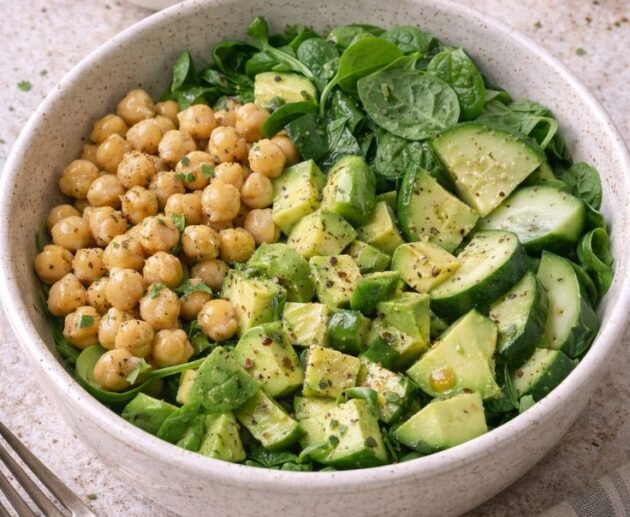 Bowl verde de espinaca con garbanzos, aguacate en cubos y pepino, con aderezo de limón y un gajo de limón al lado