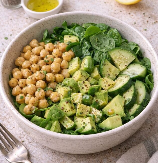 Bowl verde de espinaca con garbanzos, aguacate en cubos y pepino, con aderezo de limón y un gajo de limón al lado