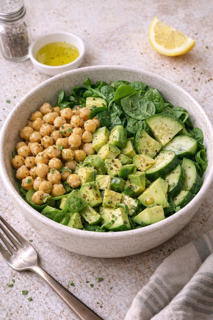 Bowl verde de espinaca con garbanzos, aguacate en cubos y pepino, con aderezo de limón y un gajo de limón al lado