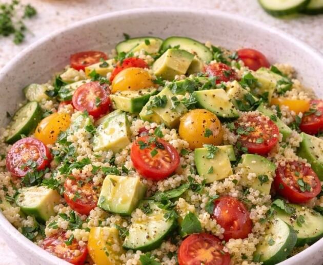 Ensalada tibia de quinoa con aguacate en cubos, tomates cherry rojos y amarillos, pepino y perejil en un plato blanco