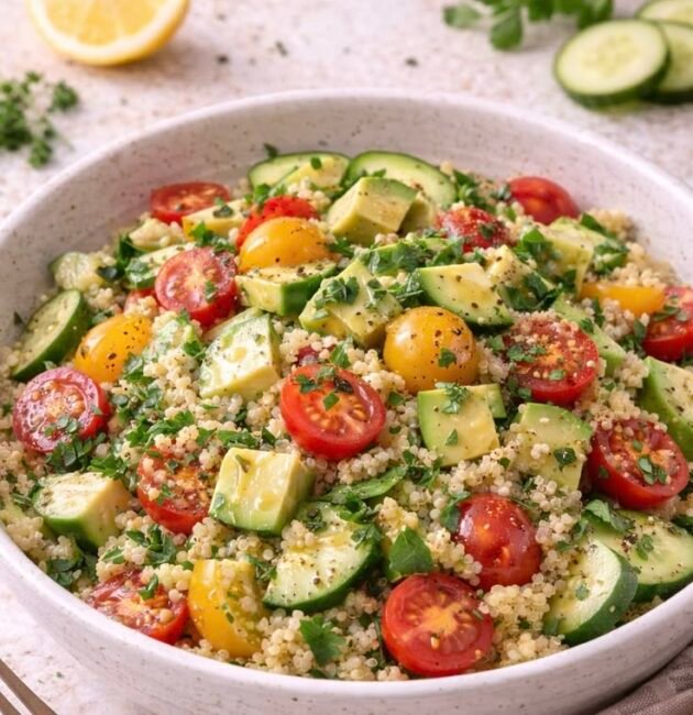 Ensalada tibia de quinoa con aguacate en cubos, tomates cherry rojos y amarillos, pepino y perejil en un plato blanco