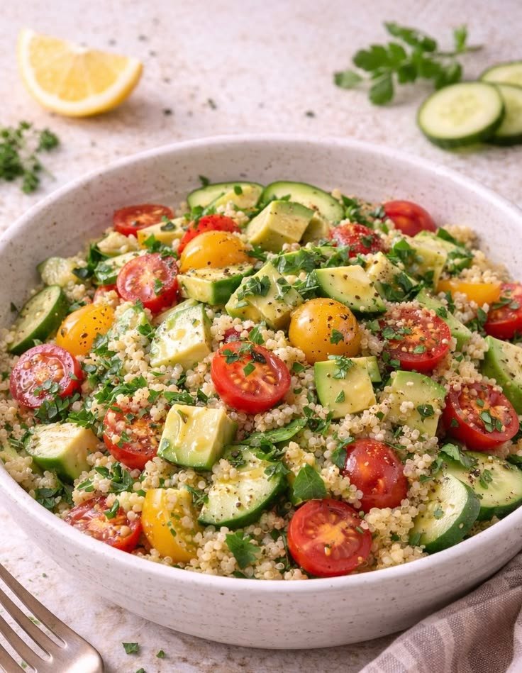 Ensalada tibia de quinoa con aguacate en cubos, tomates cherry rojos y amarillos, pepino y perejil en un plato blanco