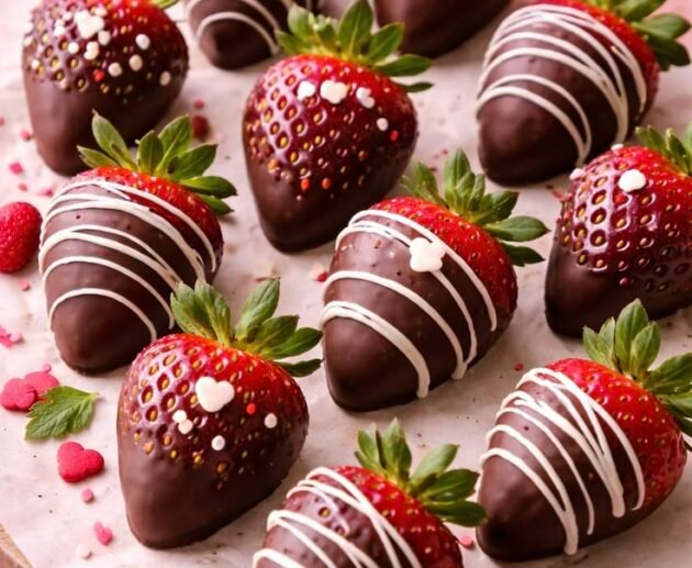 Fresas cubiertas de chocolate oscuro con hilos de chocolate blanco y corazones, sobre papel encerado, estilo San Valentín