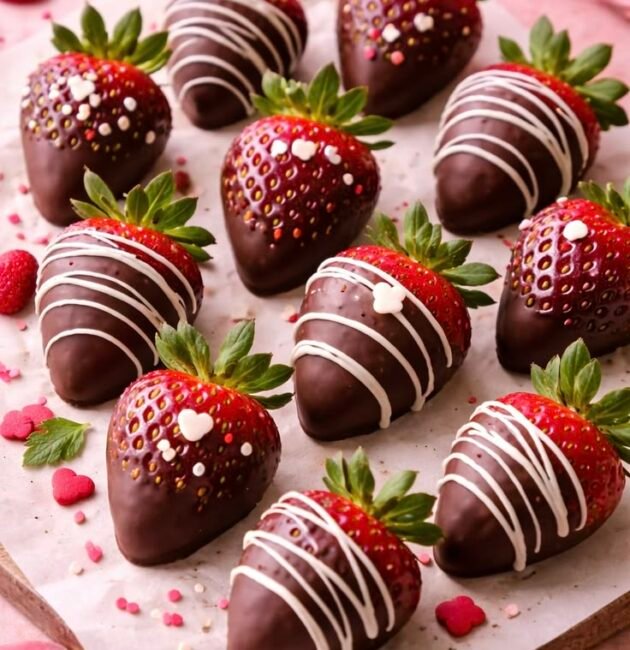 Fresas cubiertas de chocolate oscuro con hilos de chocolate blanco y corazones, sobre papel encerado, estilo San Valentín