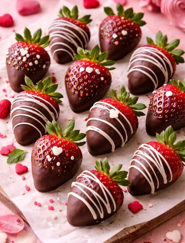 Fresas cubiertas de chocolate oscuro con hilos de chocolate blanco y corazones, sobre papel encerado, estilo San Valentín