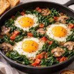 Sartén con tres huevos estrellados sobre espinaca, champiñones y jitomate, con hojuelas de chile y pan tostado al lado