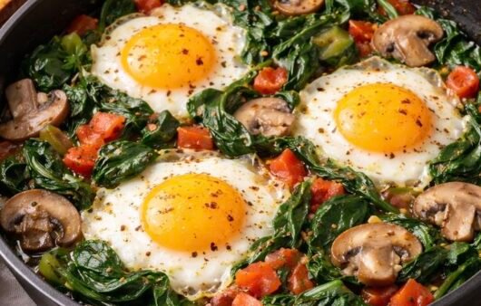 Sartén con tres huevos estrellados sobre espinaca, champiñones y jitomate, con hojuelas de chile y pan tostado al lado