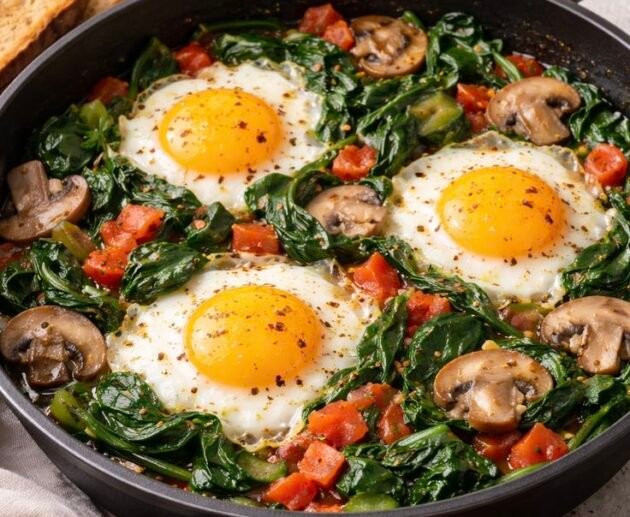 Sartén con tres huevos estrellados sobre espinaca, champiñones y jitomate, con hojuelas de chile y pan tostado al lado