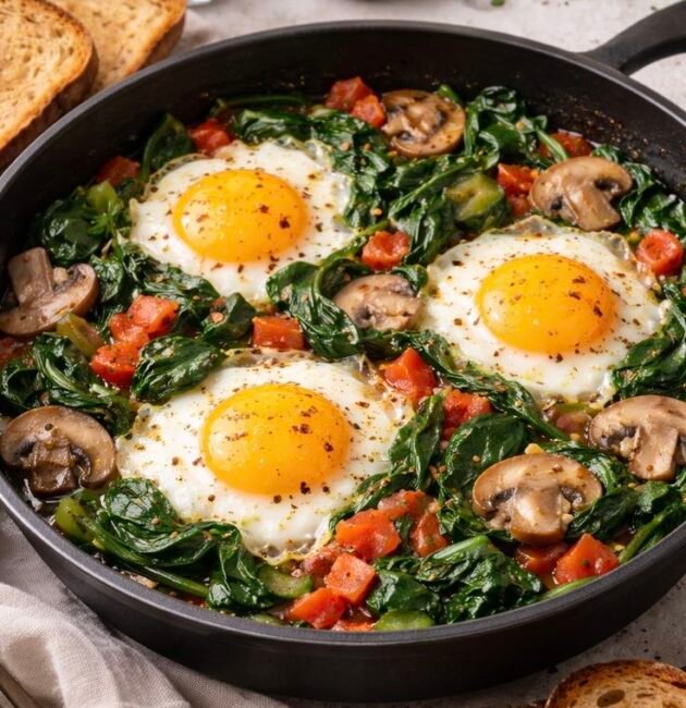 Sartén con tres huevos estrellados sobre espinaca, champiñones y jitomate, con hojuelas de chile y pan tostado al lado